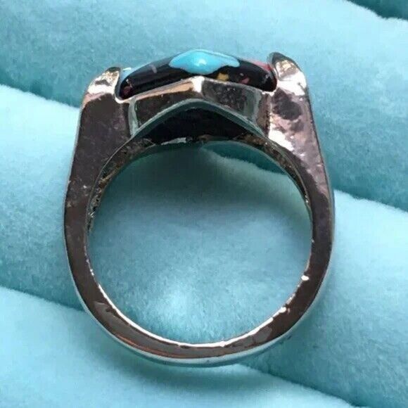 Silver Tone Fordite Ring Multicolor Imitation Stone Size 6.5 Paint Enamel Resin - Picture 5 of 8